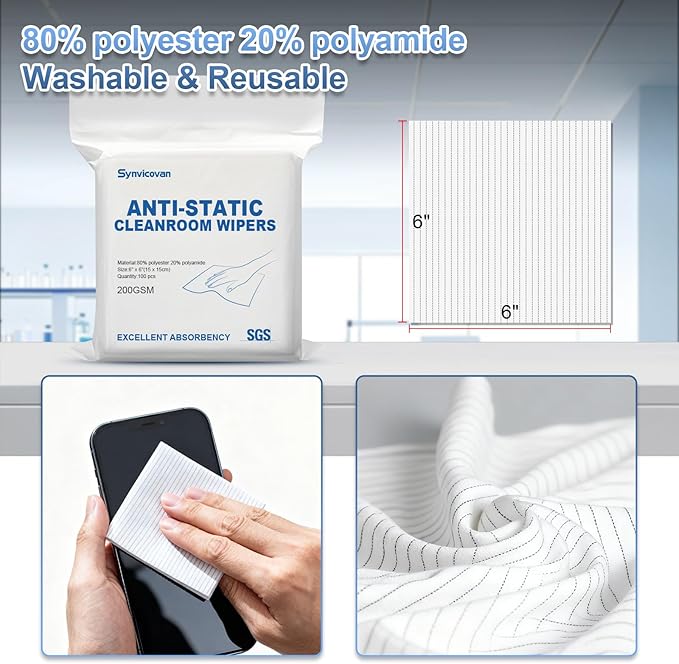 Anti-Static Microfiber Wipes 6"x6"(100 Pcs,Class 100, 200GSM) Lint Free Cloths Reusable Special ESD protection design is suitable for protecting sensitive electronic components and tools