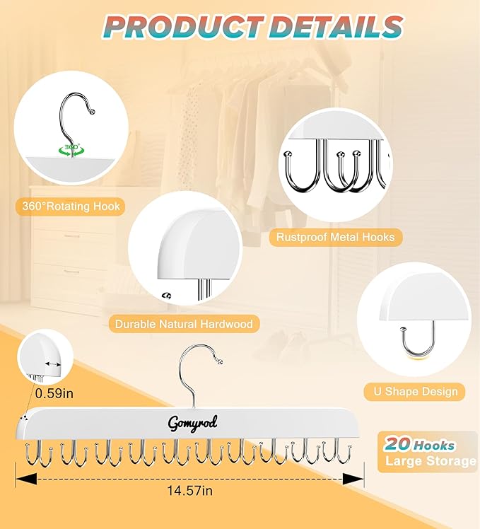 Bra Hanger for Closet, 2 Pack Tank Top Hanger w/20 Hooks Capacity Foldable Wood Space Saving Hangers, 360°Rotating Closet Organizers and Storage for Dorm & Apartment for Bra Scarf Ties(White)
