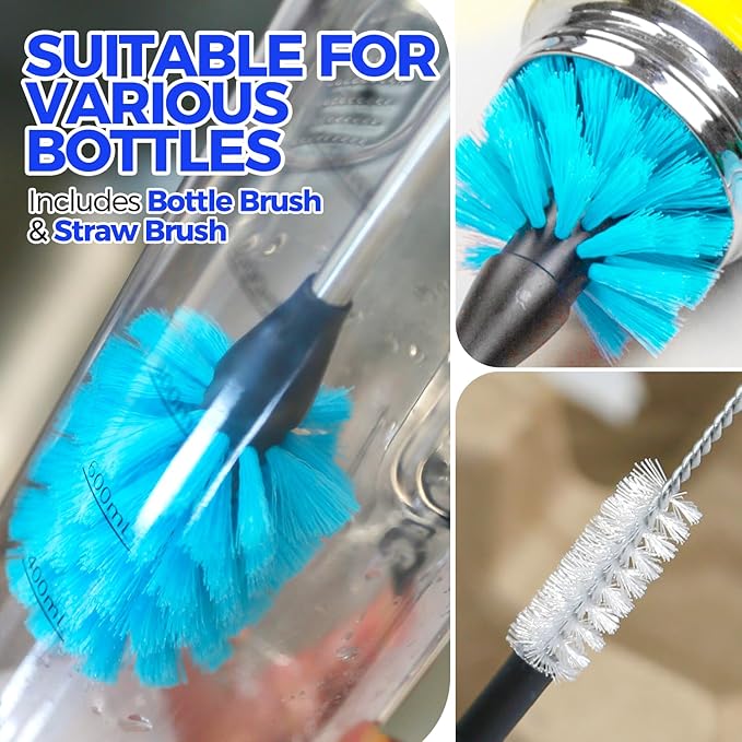 Holikme Bottle Brush Cleaner Set, 14" Long Handle Stainless Steel Bottle Cleaner Brush, 3 Straw Cleaner Brush, Bottle Cleaning Brush for Water Bottle, Cups, Abrasive Flat End Brushes, Straws Blue