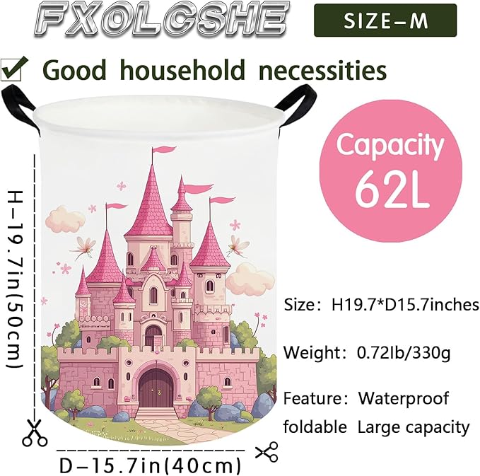 kids basket pink castle,Grils Hamper,Kids Laundry Hamper,Canvas fabric waterproof foldable laundry basket,toy bins,Girls Room decor(Castle)