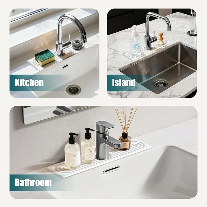 Stone Sink Mat for Kitchen - Water Absorbent Stone Tray, Quick Dry Faucet Mat, Kitchen Sink Splash Guard,Sink Mat & Base Faucet Mat for Counter Protection[White, 15.7"x3.9"]