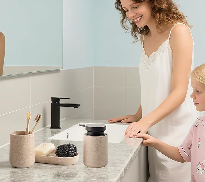 3 Pcs Bathroom Accessories Set, Liquid Soap Dispenser with Large Pump, Toothbrush Holder Cup and Soap Dish, Sandstone Texture Bathroom Counter Set for Modern Home (Beige)