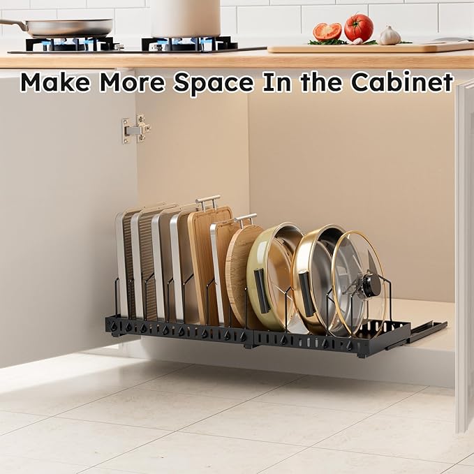 Pull-out Pots and Pans Organizer Under Cabinet - 1 Pack Expandable Pot and Pan Organizer Rack with 12 Adjustable Dividers for Pot, Cutting Board, Dishes, Lid, Baking Tray