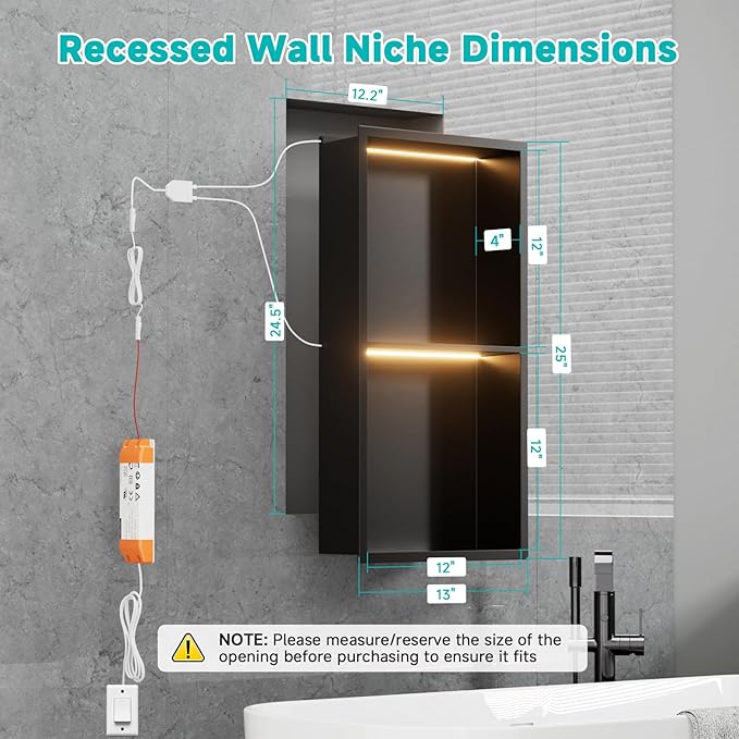 TSIBOMU 12" X 24" Stainless Steel Shower Niche with LED Lights, Matte Black Double Shelves Recessed Shower Niche No Tile Needed for Bathroom/Bedroom Storage