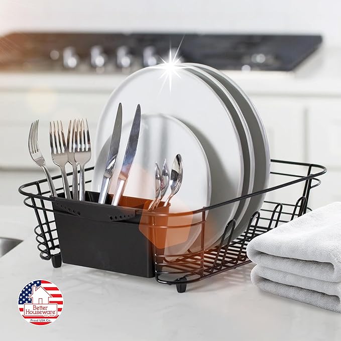 Better Houseware in Sink Dish Drying Rack, Dish Drying Rack in Sink with Non-Slip Handles, Stainless Steel Space-Saving Design, 2-Piece Set with Utensil Holder, 14.5 x 13 x 5 Inch, Black