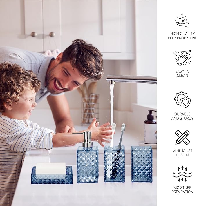 Bathroom Accessory Set, Grid Pattern 4 Pcs Plastic Bathroom Set Include Soap Dispenser, Soap Dish, Toothbrush Holder, Mousewash Cup, Modern Bahtroom Décor Set, Space Save for Bathroom(Dark Blue)