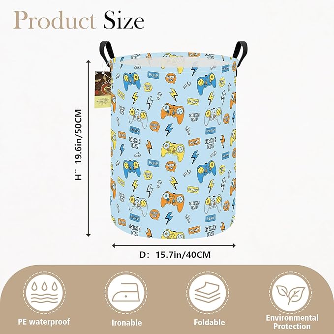 HUNRUNG Laundry Hamper,Large Canvas Fabric Lightweight Storage Basket Toy Organizer Dirty Clothes Collapsible Waterproof for College Dorms（Round-Color Game）