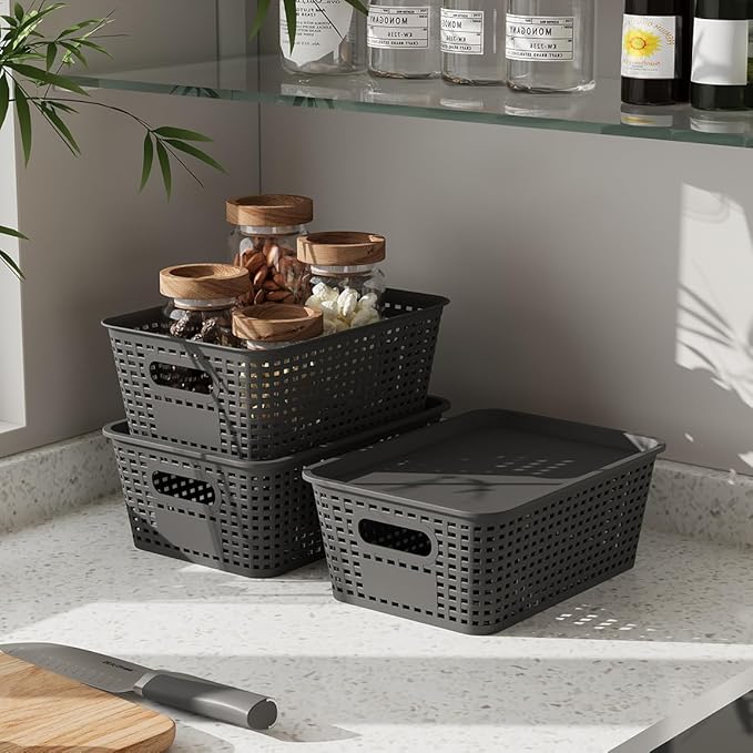 6-Pack Plastic Storage Bins with Lids, Stackable Organizer Baskets & Containers for Pantry, Kitchen, Cabinet, Closet, Bathroom Organization Toys, Space Saving, Easy-Carry Handles,Gray
