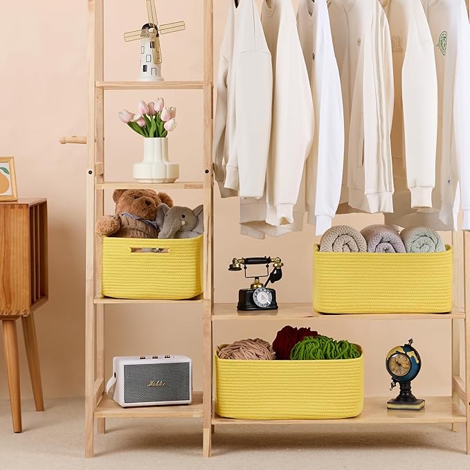 Large Storage Baskets for Organizing, Closet Shelf Baskets for Clothes Blanket Towels, Baby Nursery, Toy Bins Box, Woven Rope Baskets, 17 x 13 x 7.5”, 4 Packs Yellow