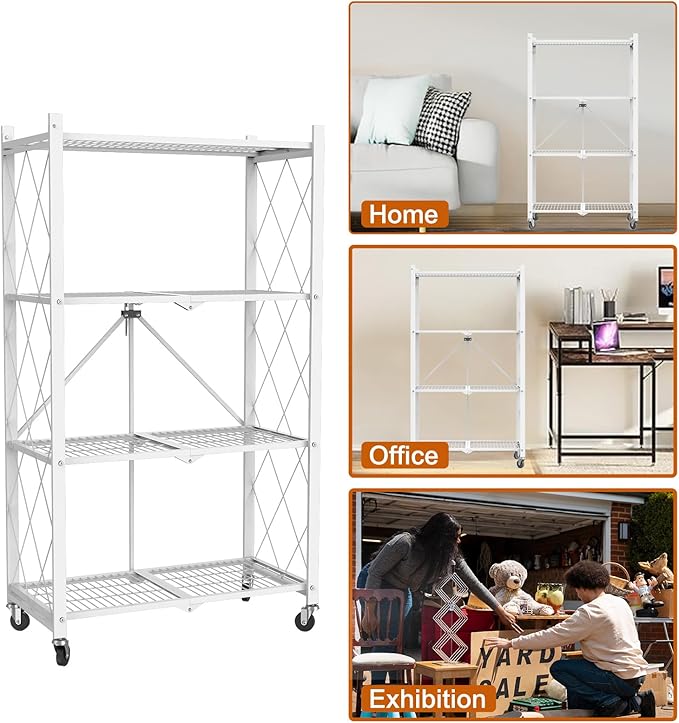 4 Tier Foldable Metal Storage Shelf with Wheels, 400 LBS Heavy Duty Collapsible Wire Shelving Unit, Rolling Utility Rack Cube Bookshelf for Kitchen Pantry Office Garage, 50" x 13" x 27" White