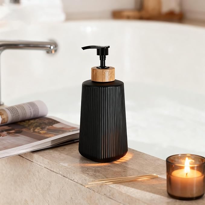 Glass Soap Dispenser, Thickened Glass Hand Soap Dispenser for Bathroom, Kitchen Dish Washing Liquid Bottles, Shampoo and Conditioner Bottles, Modern Farmhouse Style (Black, Set of 2, 12oz)