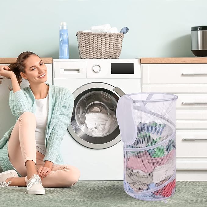 BATTOO Large Collapsible Laundry Basket with Lid Foldable Mesh Pop Up Hamper with Handles for Laundry Room, Bathroom, Kids Room, College Dorm, Travel, Storage Organizer White