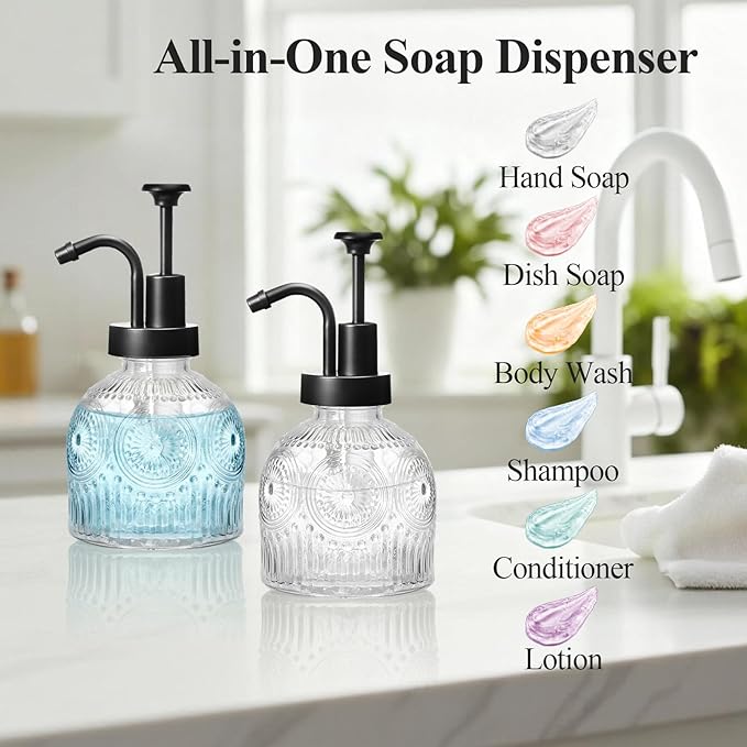 SheeChung Vintage Soap Dispenser, Kitchen Dish Soap Dispensers with Pump Mat, Glass Hand Soap Dispenser for Bathroom, Liquid, Lotion, Refillable, Rustic Farmhouse Decor-Clear (Black Pump, 1 pk)