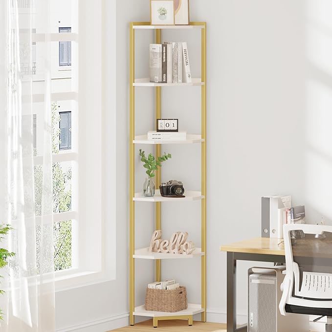Corner Shelf Stand, Corner Bookshelf, Storage Standing Shelf Unit with Metal Frame, Plant Stand, Bookcase for Living Room, Home Office, Bedroom, 6-Tier White Gold CS06003A
