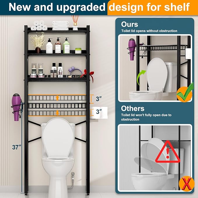 Over The Toilet Storage Cabinet,4 Tier Bathroom Organizer and Storage With Adjustable Shelf Waterproof Feet Pad and Basket Multifunctional Space Saver Freestanding Bathroom Shelves With Dividers Black
