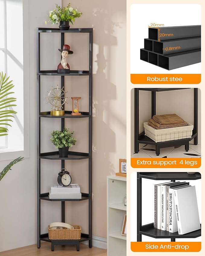 Corner Shelf Stand, Corner Bookshelf, Storage Standing Shelf Unit with Metal Frame, Plant Stand, Bookcase for Living Room, Home Office, Bedroom, 6-Tier Black CS06006B