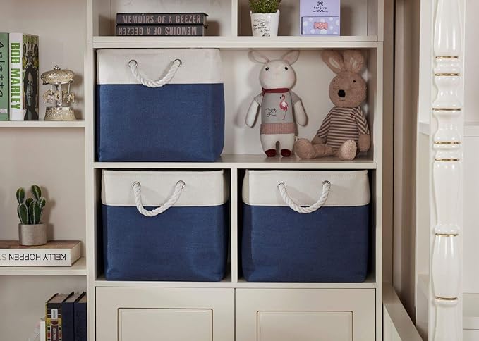 DECOMOMO Cube Storage Bins 13x13 Storage Cubes for Toys, Shelves, Closet and Cube Organizer (Navy Blue & White, 3 Pack)