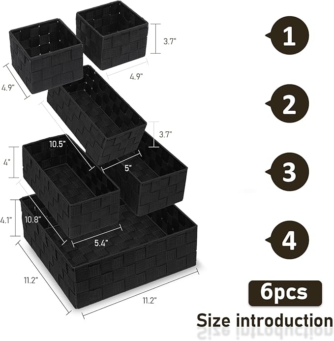 Storage Bins Woven Organizer Set of 6 – Polypropylene Storage Baskets with Metal Frame, Stackable Fabric Boxes for Drawers, Closet, Shelf, Nursery and Office, Black