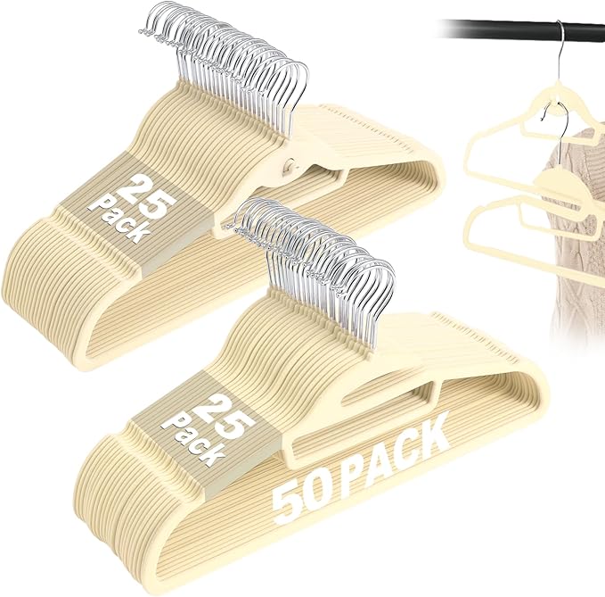 Velvet Hangers 50 Pack, S-Shaped and Stackable Non Slip with 360°Swivel Hook, Ultra Thin and Space Saving Flocked, for Suits, Shirts, Coats, 15Lbs Capacity Heavy Duty, Ivory