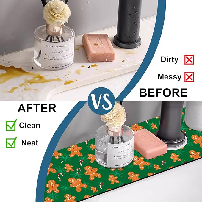 Christmas Happy New Year Sink Faucet Absorbing Mat Santa Claus Super Absorbent Fast Drying Mat Sink Gadgets Behind Faucet Sinkmat for Kitchen Bathroom, 23.5"x5.5"
