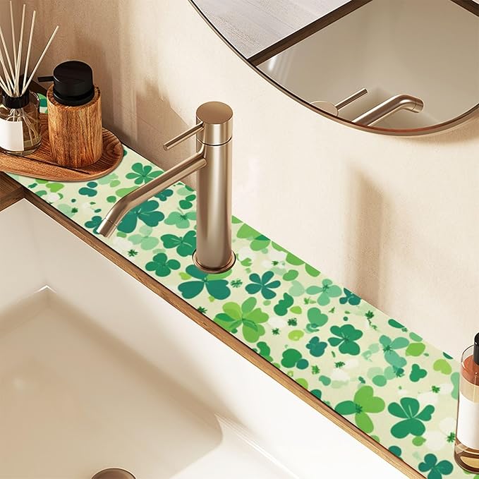 Kitchen Sink Splash Guard 1 PC 30 Inch Sink Faucet Mat Splash Guard for Bathroom Countertop Water Absorbent Foldable Cuttable Soft Washable Saint Patricks Green Clovers