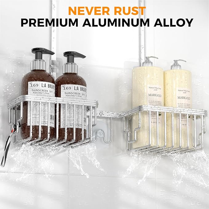REINHARDT Aluminum Shower Caddy Hanging Adjustable Shower Caddy, Rustproof Hanging Shower Organizer with Hooks Soap Holders, Over Shower Head Caddy for Handheld Showerhead, Silver