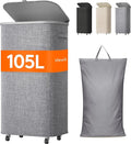 Lifewit 105L Plastic Laundry Basket with Lid, Large Clothes Hamper with Wheels and Removable Bag, Tall Collapsible Rolling Storage Bin for Dorm Bedroom Bathroom, Light Gray