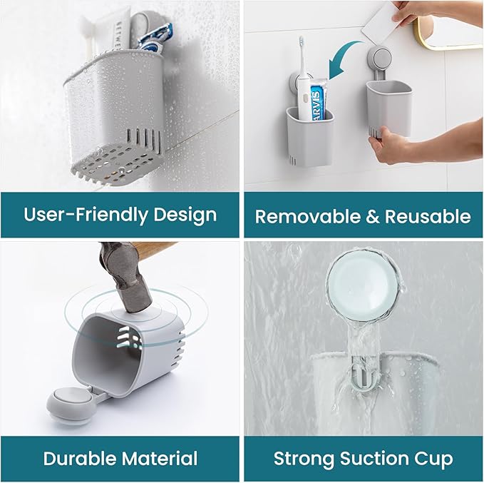 TAILI Suction Toothbrush Holder, Powerful Toothpaste Toothbrush Suction Cup, Self-draining Shower Razor Holder, Shower Toothbrush Holder for Wall, Kitchen Tableware Holder, Gray