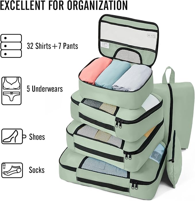 Veken 8 Set Packing Cubes for Travel Essentials, Suitcase Organizer Bags in 4 Sizes, Carry-On Luggage Accessories with Large Laundry & Hanging Toiletry Bag, Must-Have for Airplane, Road Trip & Camping