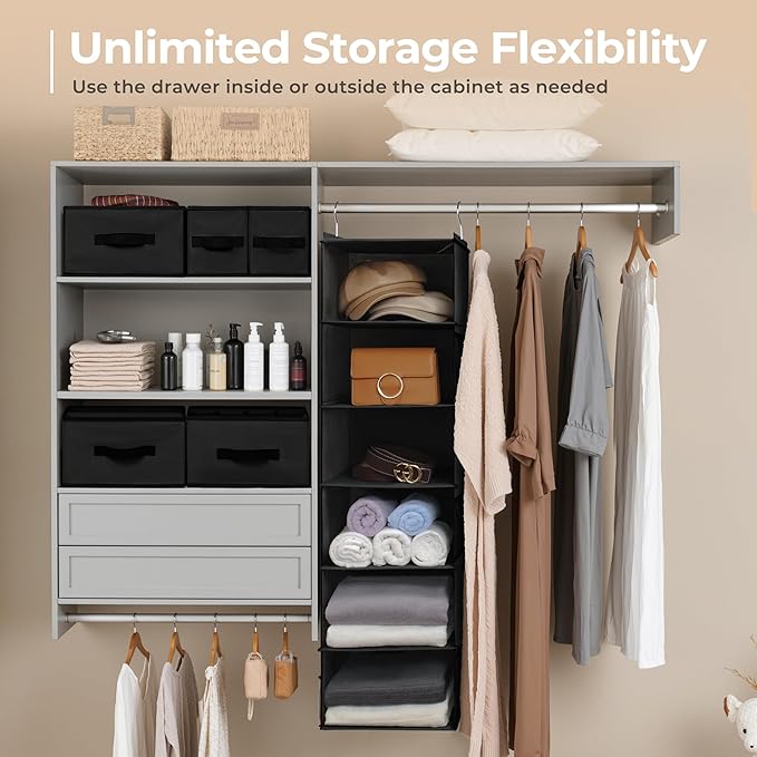 GRANNY SAYS Hanging Closet Organizer 6 Shelves, Closet Organization and Storage with 5 Different Drawers, 6 Side Pockets Wardrobe Clothes Organizer for Closet, Black, 1-Pack