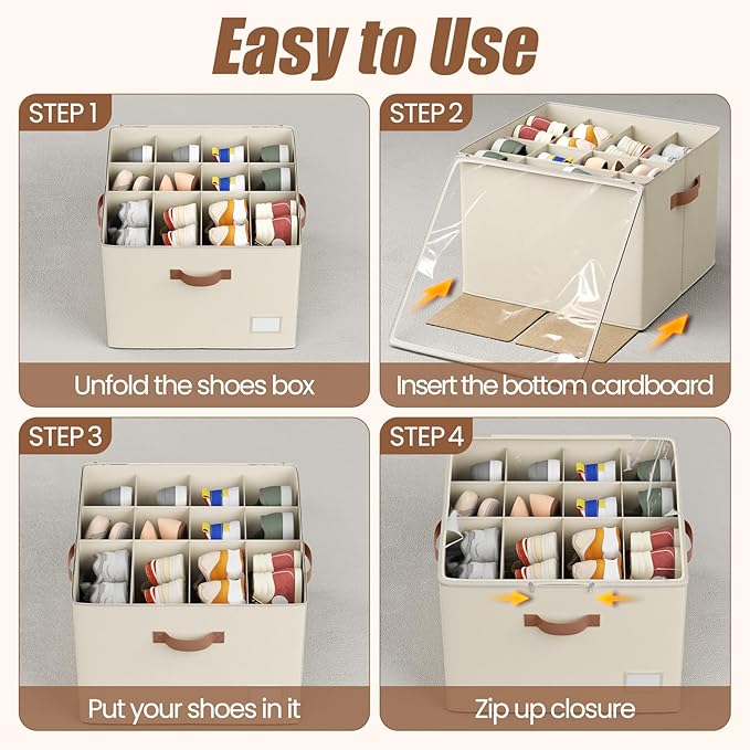 PHINOX Shoe Organizer for Closet, 2 Pack Fabric Shoe Organizer Storage Box, Shoe Storage Containers with Clear Cover, Closet Shoe Storage for Boots Sandals Slippers,Fits 16-32 Pairs, Beige