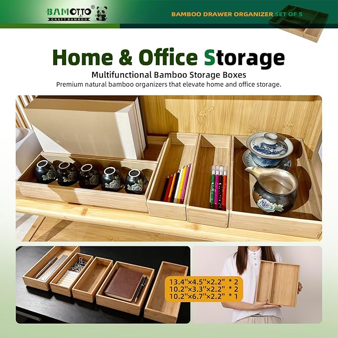 Stack Bamboo Drawer Organizer Set of 5, Kitchen Utensil, Flatware&Silverware Organizer-Wood Laminated Stackable for Kitchen, Bedroom, 13.4''x4.5''*2+10.2''x3.3''*2+10.2''x6.7''*1