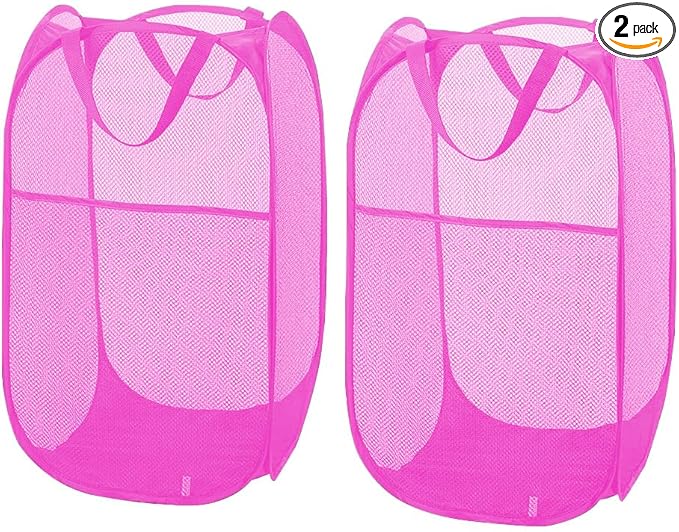 Larpur 2Pack Foldable Popup Laundry Basket, Collapsible Portable Mesh Clothes Washing Laundry Hamper with Reinforced Carry Handles (Pink)