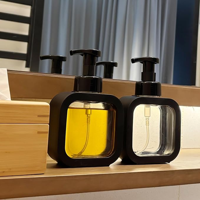 Foaming Soap Dispenser, 2 Pack 300ml (10oz) Plastic Refillable Foaming Hand Soap Dispenser with 16 Pcs Waterproof Labels, Foam Pump Bottle for Bathroom and Kitchen (Black)