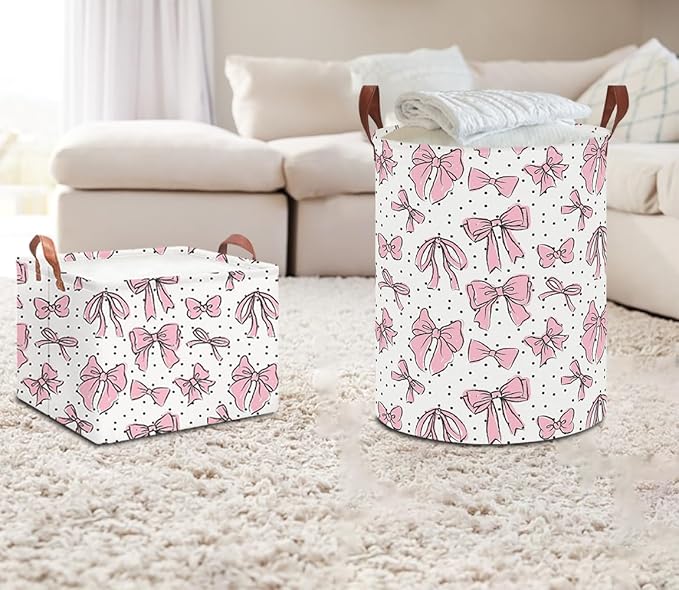 Rectangular Storage Basket Empty,Storage Bin with Handles,Room Decor,Gift Basket,Book Box(Hand-drawn Bowknot)