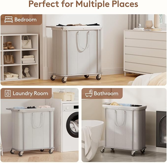 Lifewit 200L Large Laundry Basket with Wheels, Tall 3 Section Laundry Hamper Organizer, Rolling Laundry Cart with Steel Frame & Removable Bag for Luandry Room Bathroom Bedroom, Silver Gray