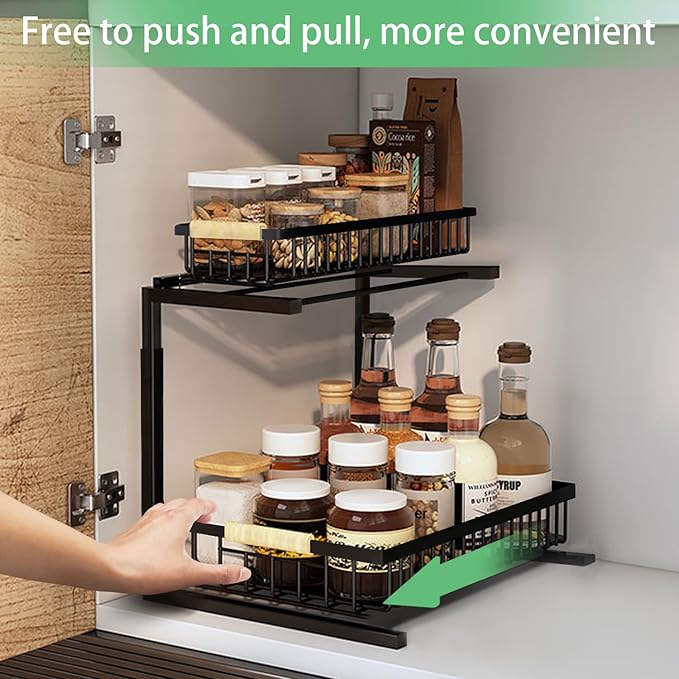 Under Sink Organizers,5 Adjustable Height，Metal Pull Out Under Sink Organizers and Storage Shelves with Sliding Drawer, Black, 2 Pack（Hight 13.6″-16.9″）