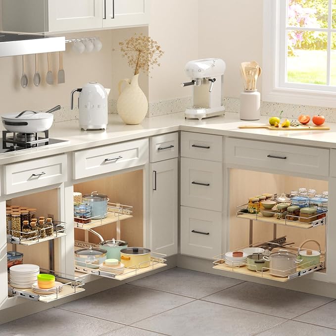 ROOMTEC 2 Tier Individual Pull Out Cabinet Organizer 13½"W x 21½"D, Slide Out Wood Shelves Organizers, Pull Out Drawers Organization and Storage for Kitchen Cabinet