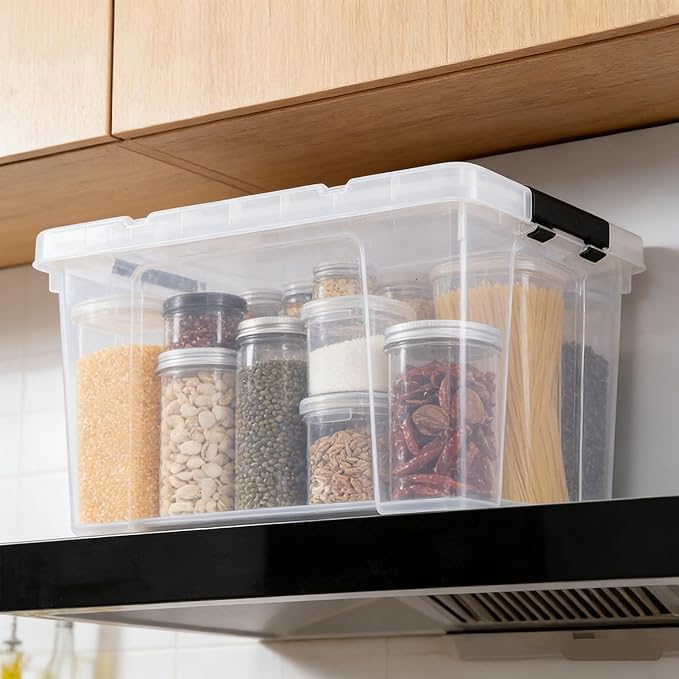 4-Pack Ultra Latching Box, Storage Bins wwith Wheels, Clear Plastic, 34 Quart Heavy-Duty Organizing Containers for Closet, Bathroom, and Office