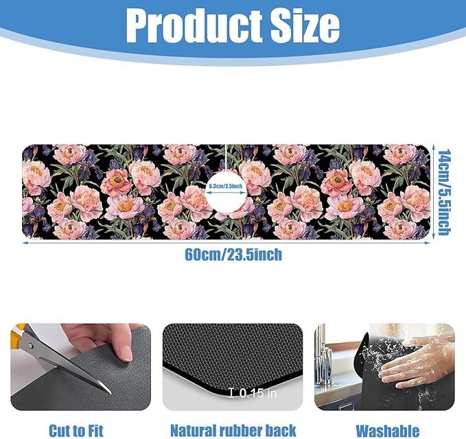 Sink Splash Guard Faucet Mat Peony and Iris Flowers Absorbent Fast Drying Mat Sink Gadgets Splash Guard Behind Faucet Drip Catcher for Kitchen Bathroom 23.5"X5.5"