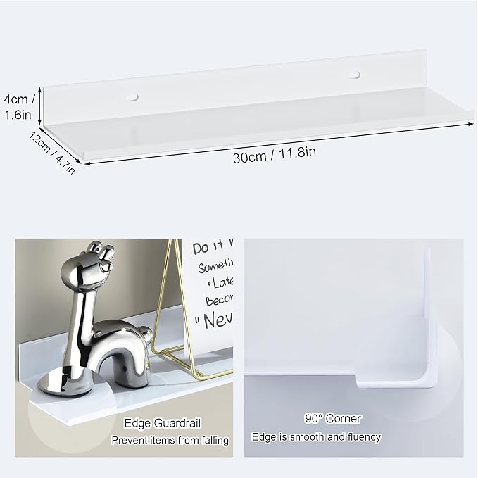 HNVNER Adhesive Shower Shelves for Wall 2 Pack, White Metal Shower Caddy 40cm, Waterproof Bathroom Floating Shelves, Bathroom Storage Wall Shelf Organization