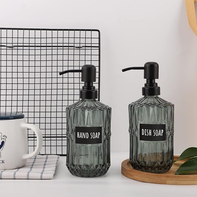 Segbeauty Glass Soap Dispenser Set, 2 Pack 15.2oz Farmhouse Kitchen Decor Stainless Steel Pump Bottles, 450ml Refillable Shower Bottle Hand Soap Dispenser for Modern Home Bathroom Western Decor Green