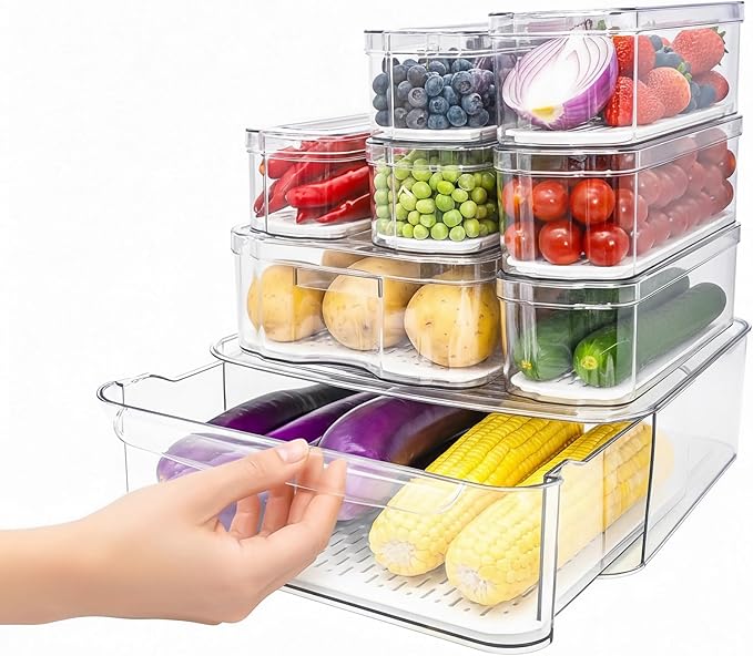Fridge Organizers and Storage, 8 Pack Clear Freezer Organizer Bins with Lids for Kitchen, Pantry, Refrigerator, Food, Fruit, Vegetable Storage (8 Bins (Include Pull-out Drawer))