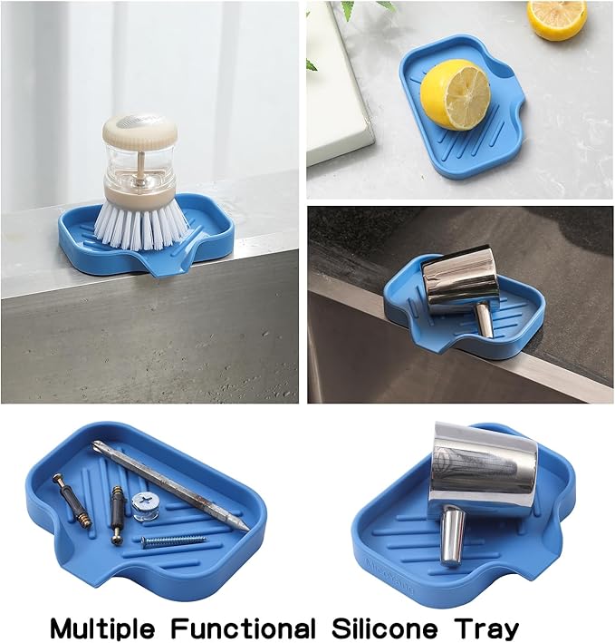 MicoYang Silicone Bathroom Soap Dishes with Drain Spout-Bathroom and Kitchen Sink Organizer,Sponge Holder,Dish Soap Tray,Perfect for Dispenser,Scrubber,Bottle,Cup on Counter Lichen Blue 4.9"×3.2"