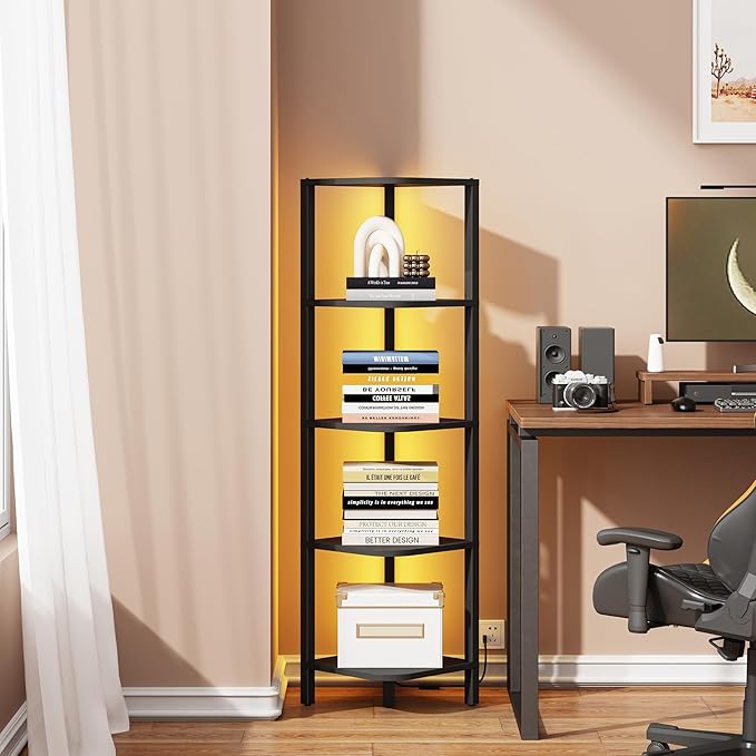 TUTOTAK Corner Shelf with LED Light, 5-Tier Corner Bookshelf for Small Space, Narrow Display Corner Shelf Stand with Storage Rack, for Living Room, Bedroom, Black BS08BK005L