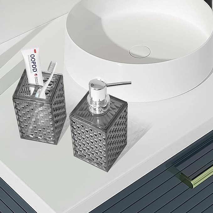 2PCS Dark Grey Bathroom Accessories. Contain Soap Dispenser and Toothbrush Holder Set. Boho Bathroom Set for Blue Bathroom Décor