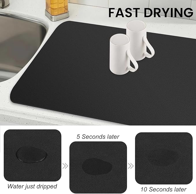 WISELIFE Dish Drying Mat Super Absorbent Drying Mat Large Dish Drying Mats for Kitchen Counter Easy Clean Dish Mat Kitchen Drying Mat18"x 36" Classic Black