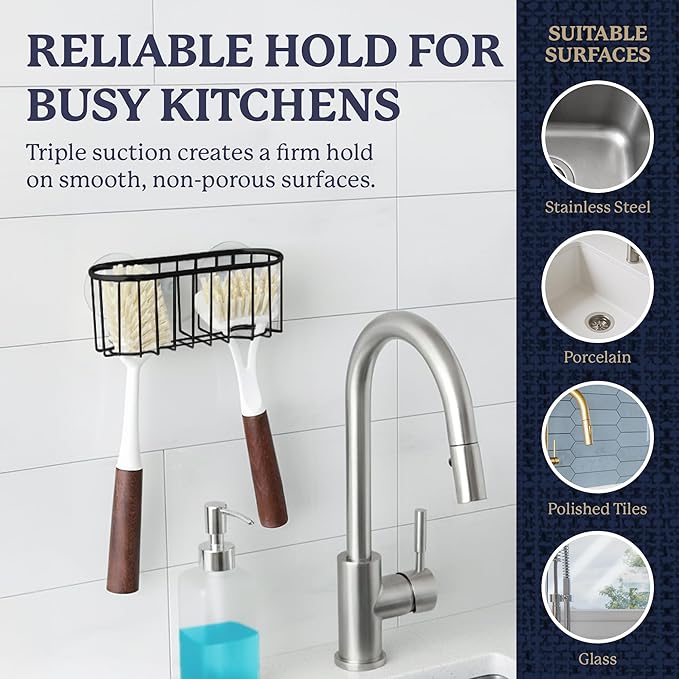 Farberware Sponge Holder for Kitchen Sink—Brushed Metal Sink Caddy Organizer with Triple Suction Cups, Kitchen Organizer for Sponges, Brushes, Soap & Cleaning Essentials