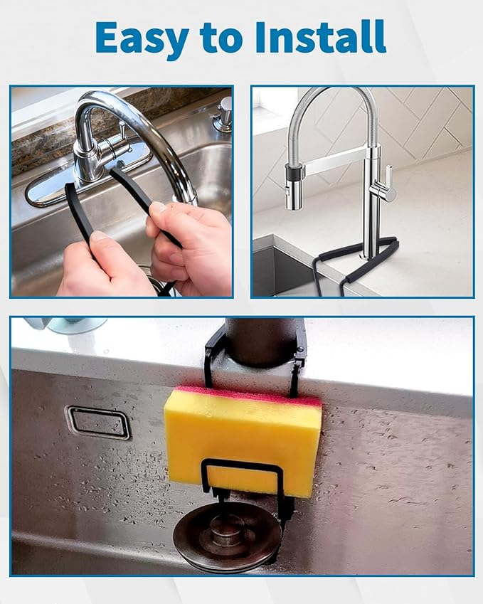Sink Sponge Holder - Metal Kitchen Sink Faucet Organizer for Sponges, Brushes and Cleaning Tools, Faucet Sponge Holder Hanging Fix Around Faucet (Black)