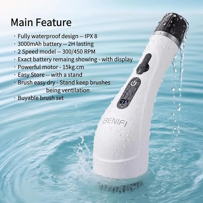 Benifi Electric Spin Scrubber Full-Body IPX7 Waterproof Cordless Bathroom Cleaning Brush with Power LCD Display and 8 Brush Heads